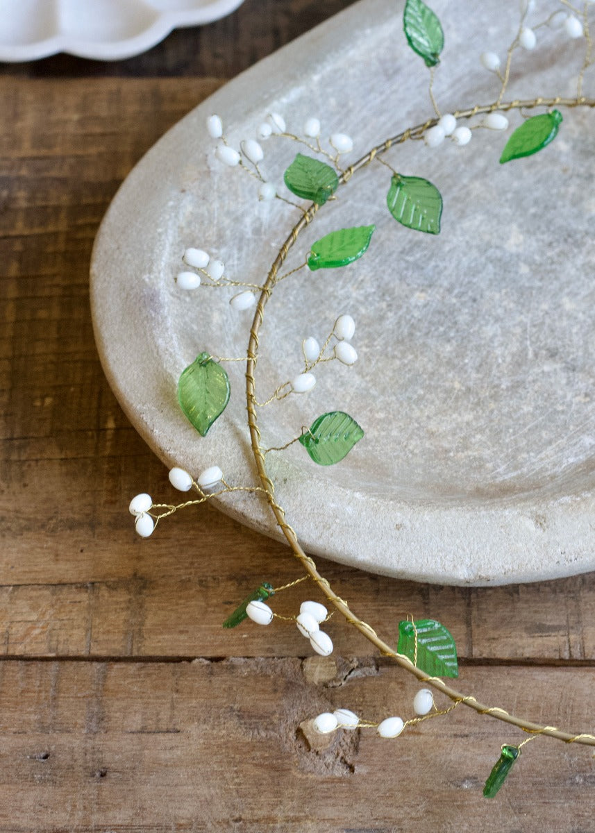 Wreath green leaves and white beads TI0223