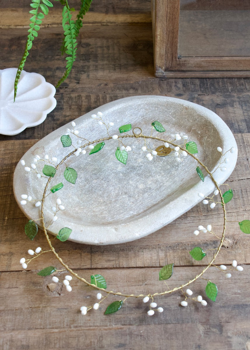 Wreath green leaves and white beads TI0223