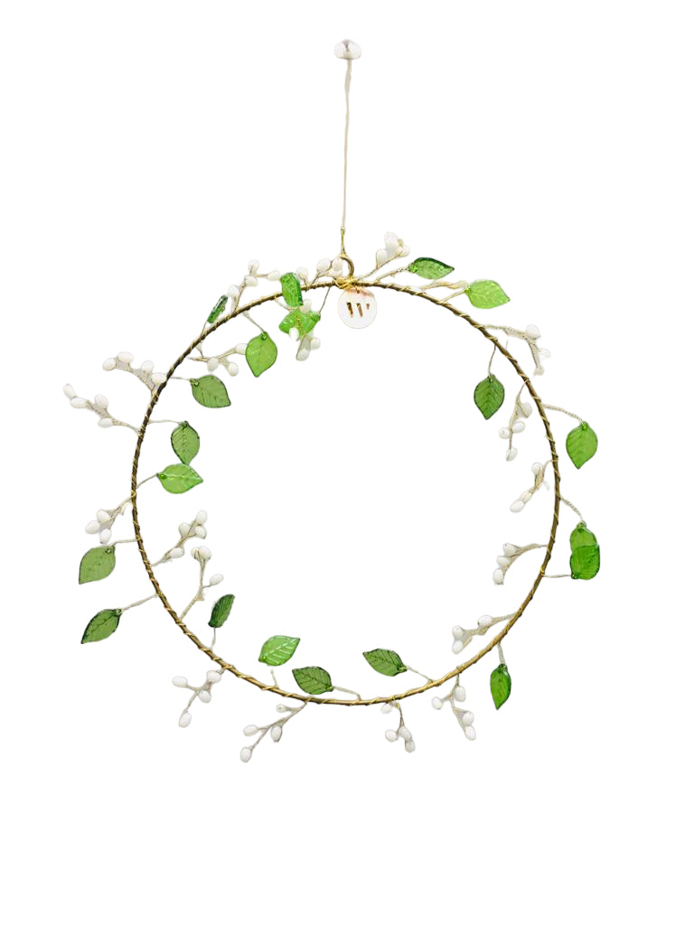 Wreath green leaves and white beads TI0223
