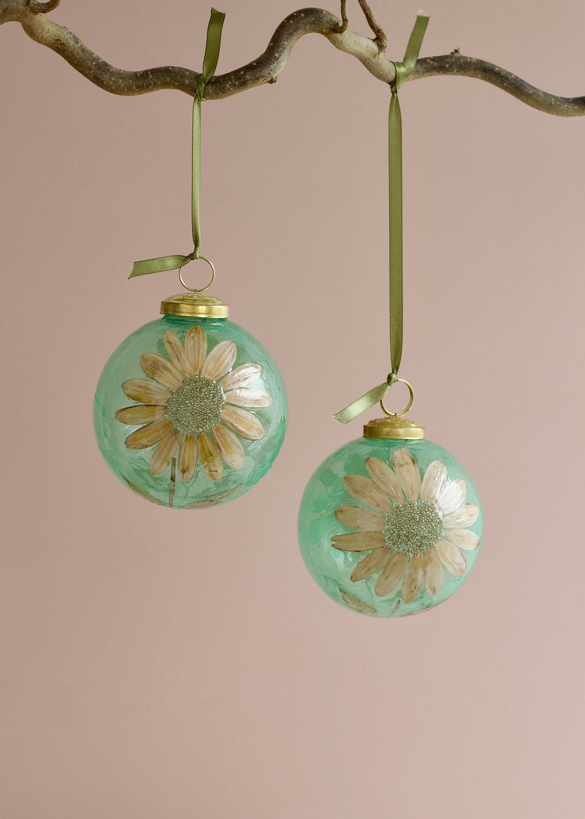Glazen Kerstbal Groene Zonnebloem WEL286