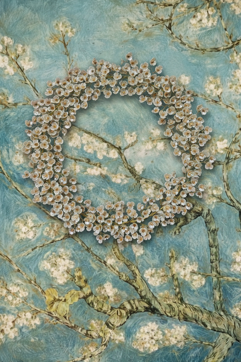 Artistic depiction of cherry blossoms with a blue textured background