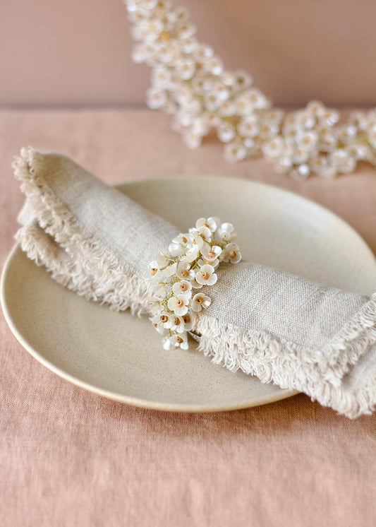 Napkin folded on a plate with a decorative napkin ring featuring small white flowers on a pink background.